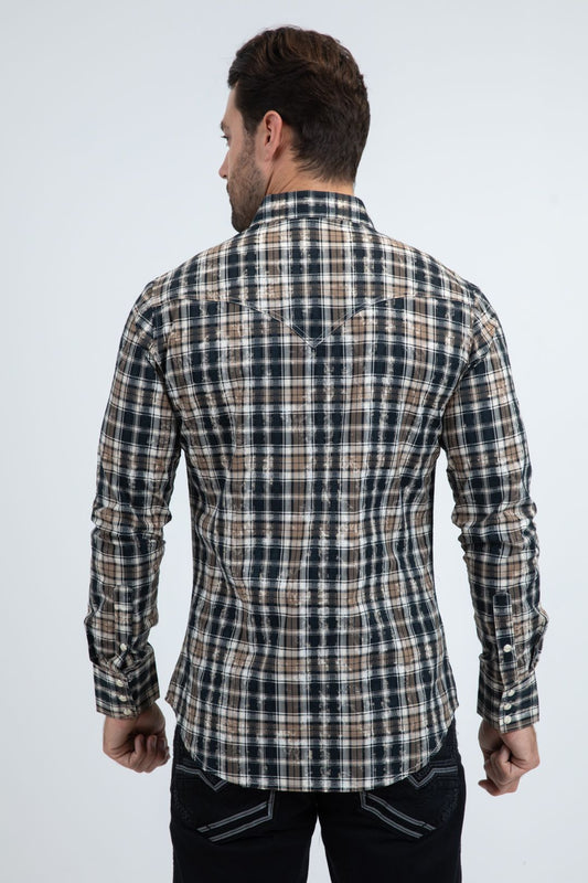 WPL11238 MENS BROWN AND BLUE PLAID LONG-SLEEVED SHIRT