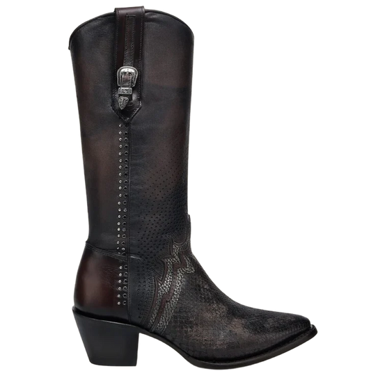 CC243 WOMEN'S GENUINE PYTHON & BOVINE BROWN LEATHER WESTERN BOOT WITH STUDS