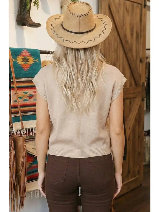 SPRING WESTERN MOCK NECK SHORT SLEEVE KNIT SWEATER