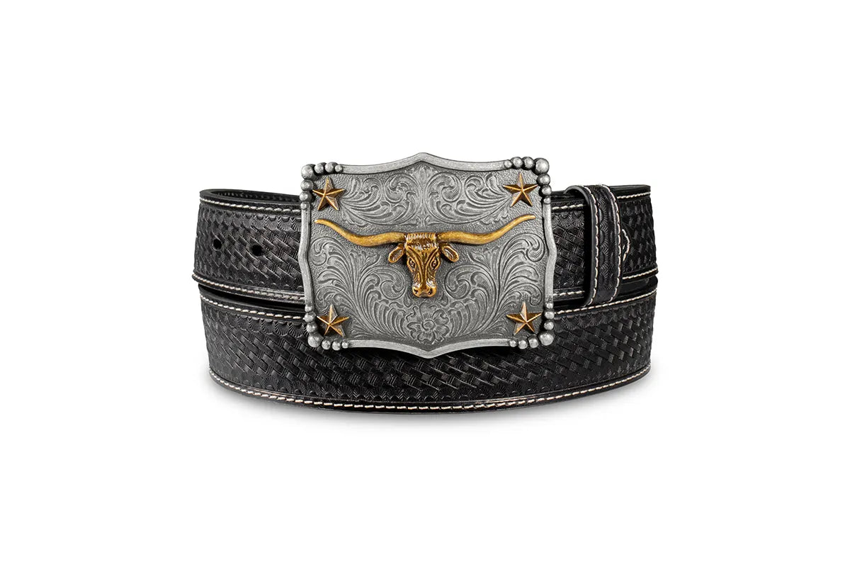 D100021301 3D MENS BELT 1 1/2 BASKET WEAVE LONGHORN BUCKLE BLACK