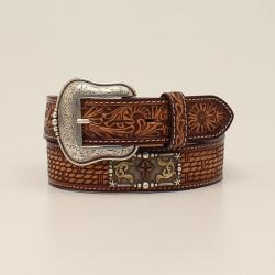 D100013008 3D MENS BELT FLORAL TABS CROSS CONCHO TAN