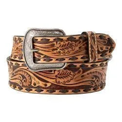 D100019602 3D MENS BELT 1 3/4 -1 1/2 SCROLL TOOLED BUCK LACE BROWN