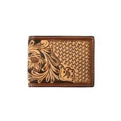 D250014108 3D MENS BIFOLD FLIP STYLE WALLET HAND TOOLED FLORAL BASKETWEAVE TAN