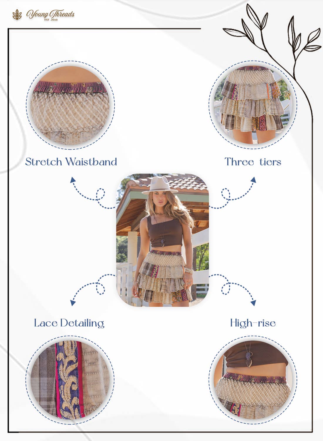Artisan Patchwork Ruffle Tiered Mini Skirt with Fully Lined
