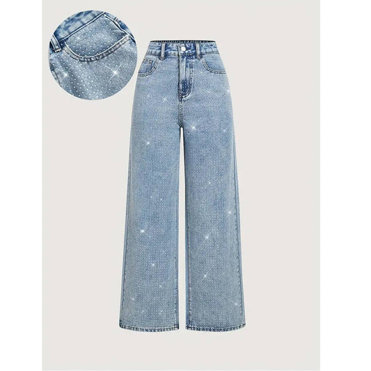 Casual Beaded Stretch Straight Leg Jeans Ligth Blue