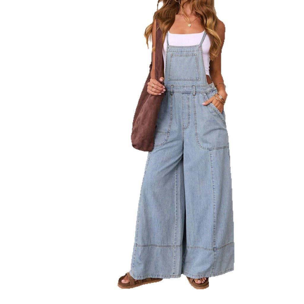 Women Blue Wide Leg Pocket Overalls Jumpsuit