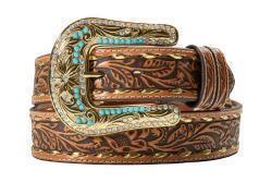 D140011308 ANGEL RANCH LADIES BELT DOUBLE LOOP GOLD BUCK LACE TAN