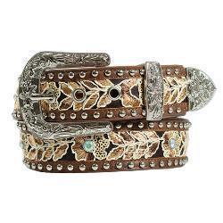 D140003202 ANGEL RANCH LADIES BELT 1 1/2'' FLORAL STITCH CRYSTAL STUDS BROWN