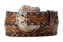 D140011402 ANGEL RANCH LADIES BELT SCROLL TOOLED BROWN