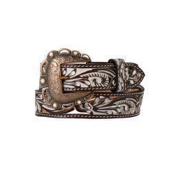 D140009002 ANGEL RANCH LADIES BELT 1 1/2" WHITE WASH FILIGREE BROWN