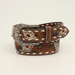 A1533102 ARIAT LADIES BELT FLORAL PIERCED LACING BROWN