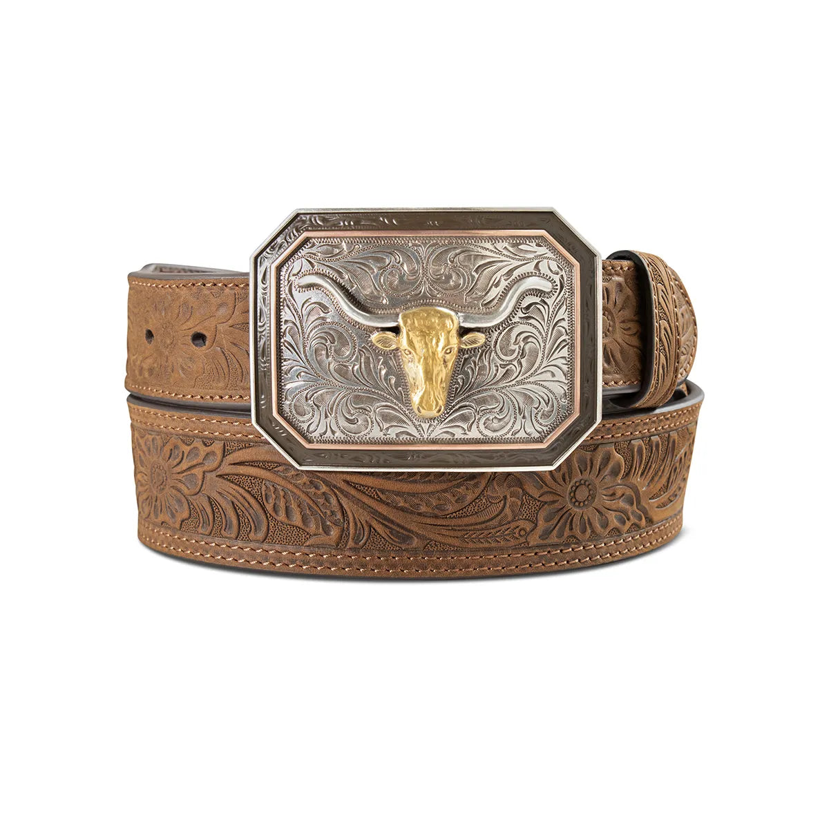 A1043244 ARIAT MENS BELT 1 7/8-1 1/2 FLORAL EMBOSSED MEDIUM BROWN