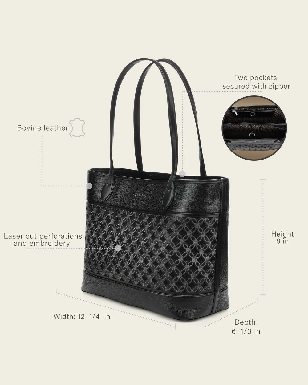 DU819 BCUADRA BLACK TOTE BAG IN GENUINE BOVINE LEATHER FOR WOMEN