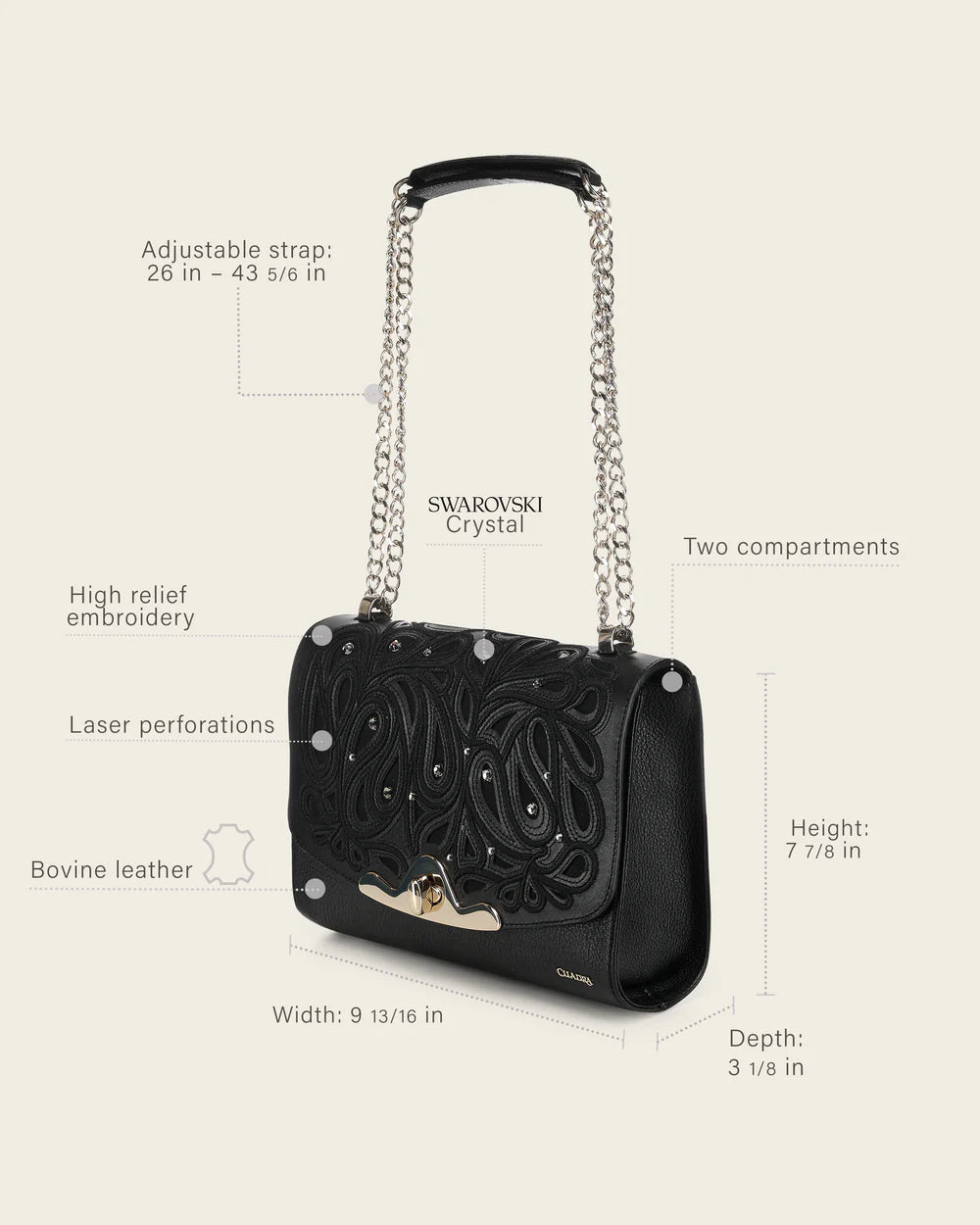 DU822 WOMEN'S BLACK BOVINE LEATHER SHOULDER BAG CLUTCH STYLE WITH CRYSTALS