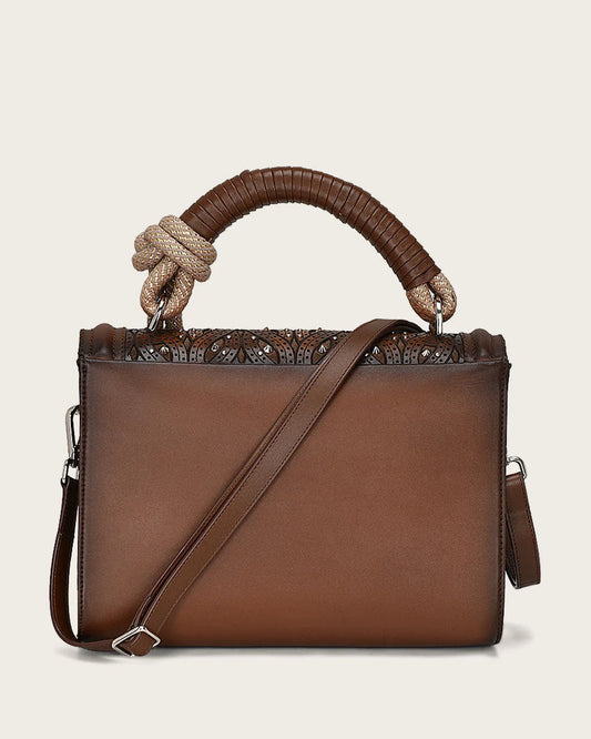 DU581 CUADRA BROWN COWHIDE CRYSTALS & WOVEN BAG