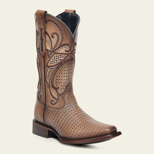 CU988 HONEY LASER & EMBROIDERY & STUDS SQUARE TOE BOOTS
