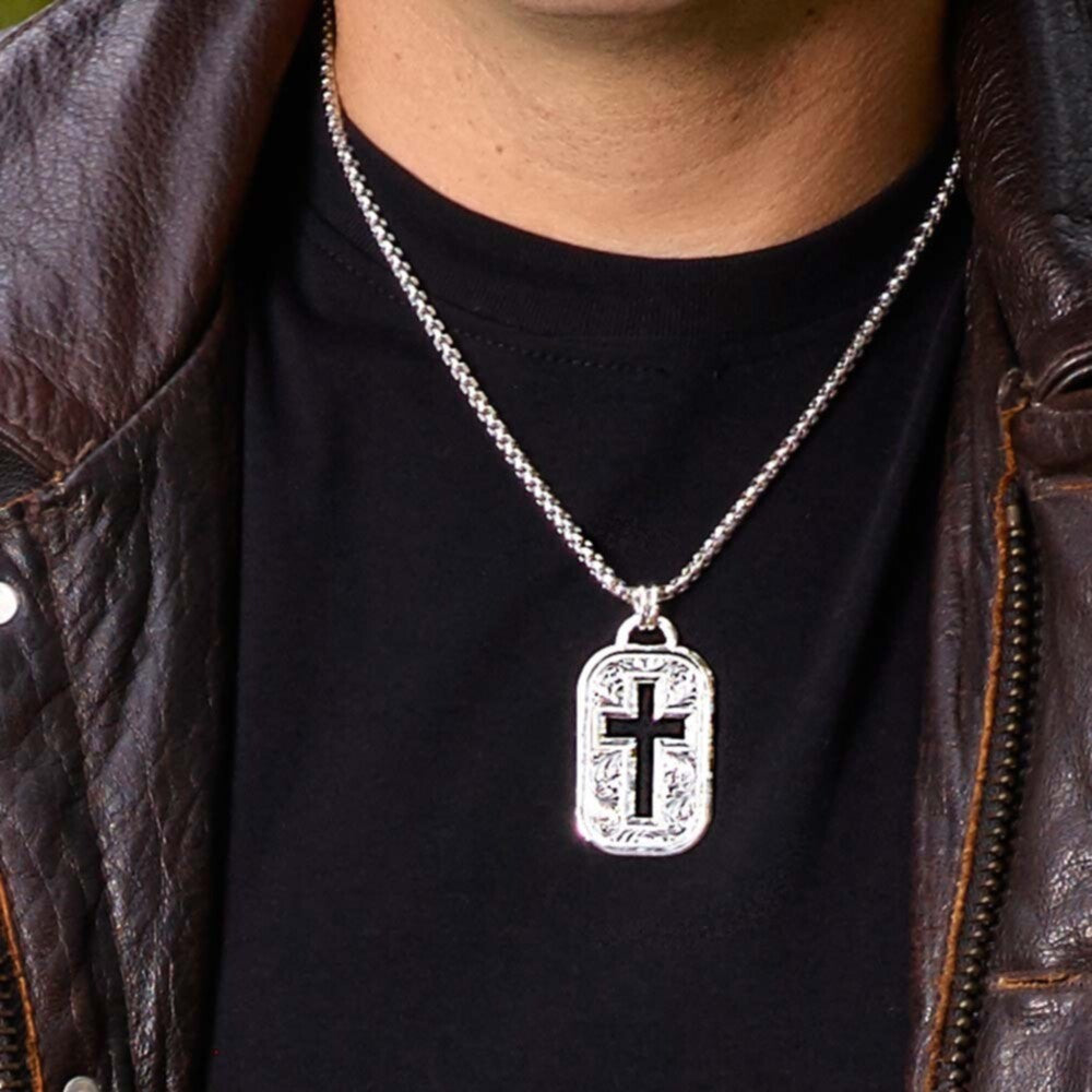 NC2843 Western Lace Cross Cut Out Token Necklace
