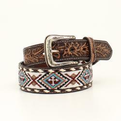 N210005505 NOCONA MENS BELT 1 7/8- 1 1/2 FLORAL TABS BEADED BUCK LACING WHITE