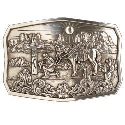 37909 RECTANGLE PRAYING COWBOY CACTUS ANTIQUE SILVER