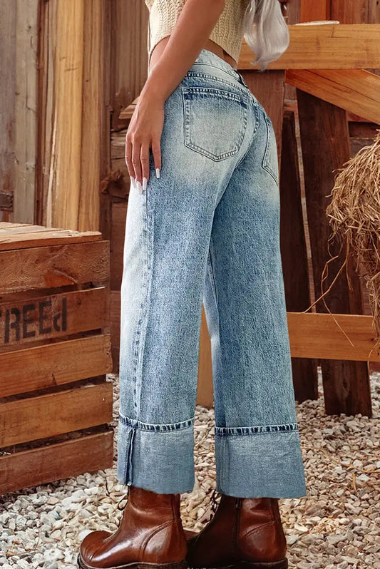 FW7875199 Fashion High Rise Button Zip Fly Medium Wash Jeans