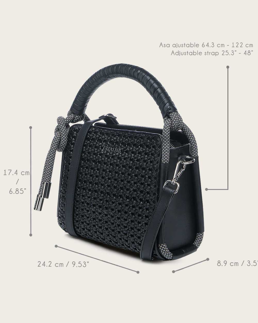DU687 BLACK BRAIDED DECORATED TOP HANDLE HANDBAG
