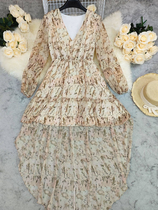 V-Neck Floral Printed Bohemian Layered Dress