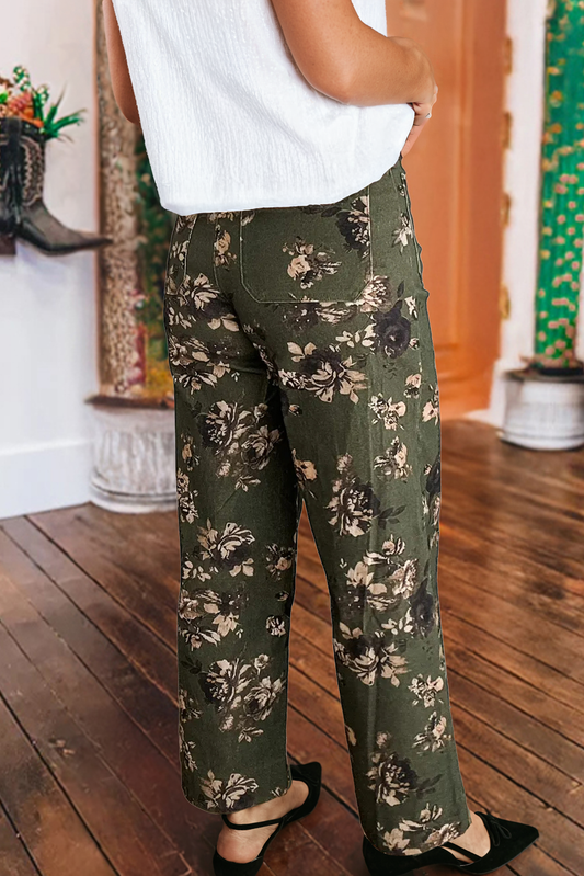 Vintage Floral Print Square Patch Pocket Raw Hem Shift Jeans