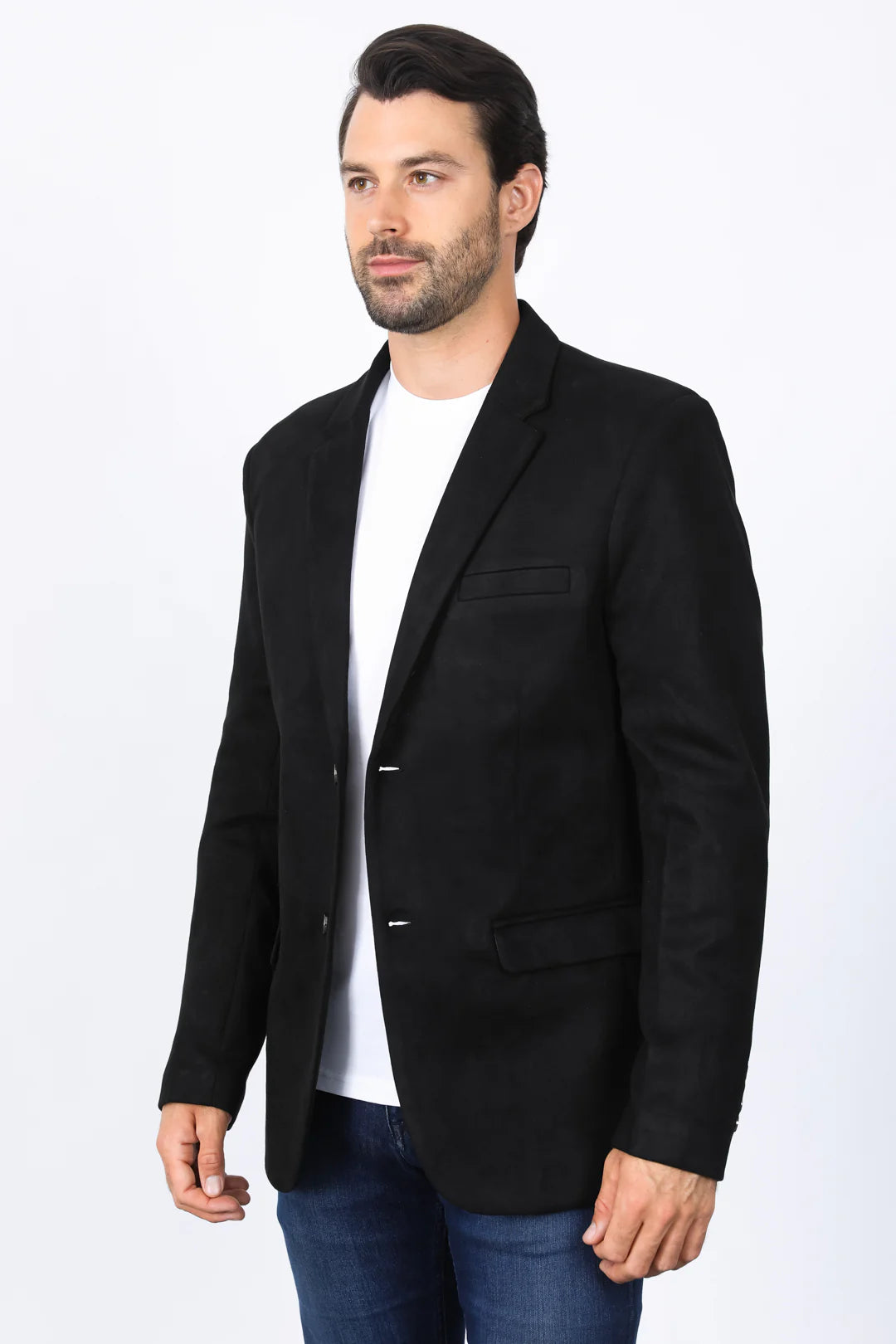 BLZ8387 MEN'S DOUBLE BUTTON BLACK FAUX-SUEDE BLAZER