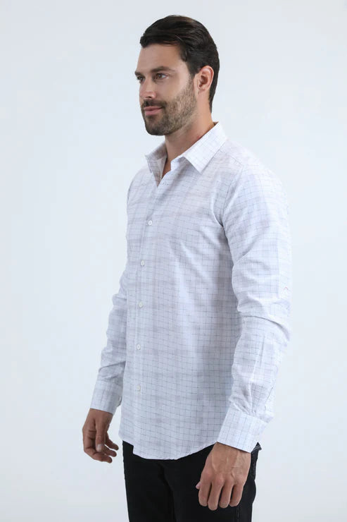 MFL11182 MEN'S FLOCKED MODERN FIT SPANDEX WHITETEAL SHIRT