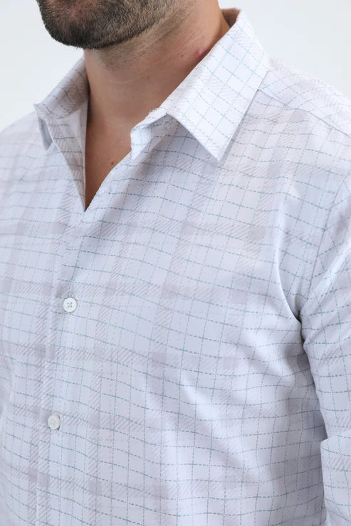 MFL11182 MEN'S FLOCKED MODERN FIT SPANDEX WHITETEAL SHIRT