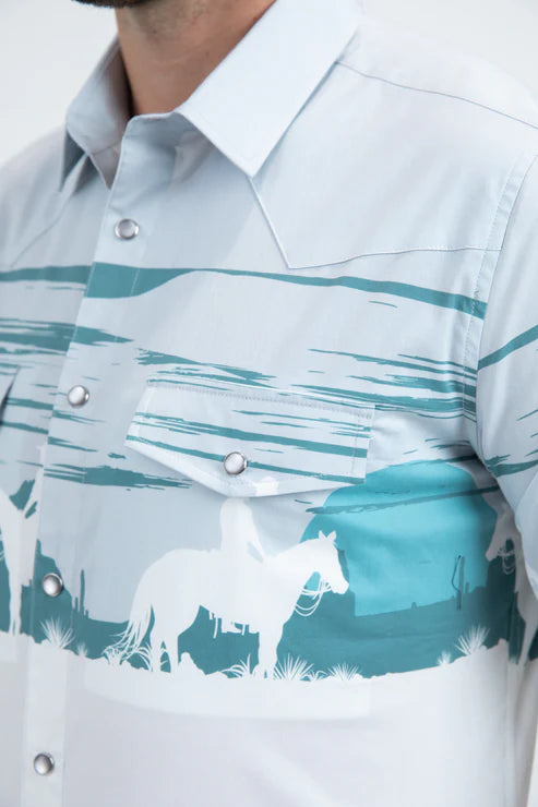 AZL11084 MEN'S MODERN FIT COTTON STRETCH RODEO PANORAMIC PRINT WHITE SHIRT