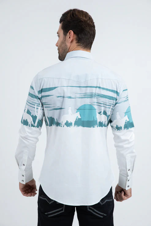 AZL11084 MEN'S MODERN FIT COTTON STRETCH RODEO PANORAMIC PRINT WHITE SHIRT