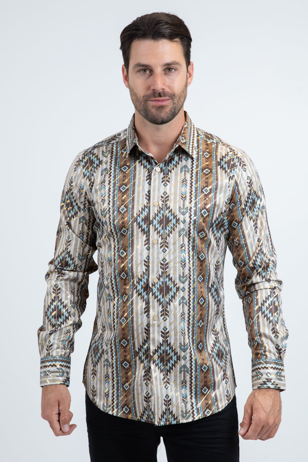 FPL11283 MENS MODERN FIT STRETCH FOIL FASHION BEIGE SHIRT