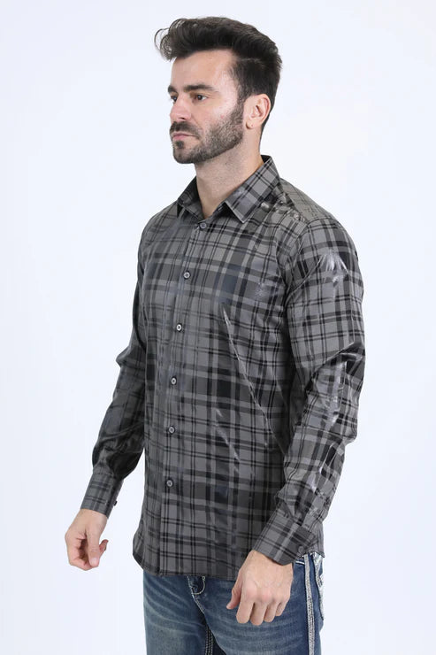 FPL10709 MENS MODERN FIT STRETCH FOIL FASHION GREY SHIRT