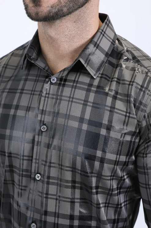 FPL10709 MENS MODERN FIT STRETCH FOIL FASHION GREY SHIRT