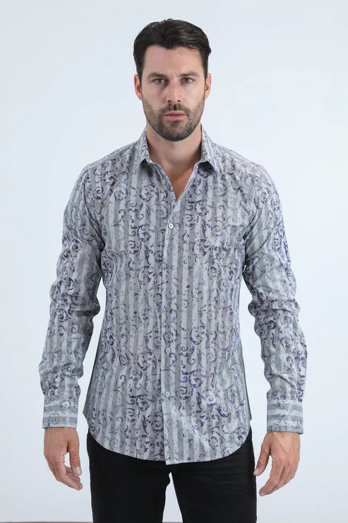 FPL10969 MENS MODERN FIT STRETCH FOIL FASHION GREY SHIRT