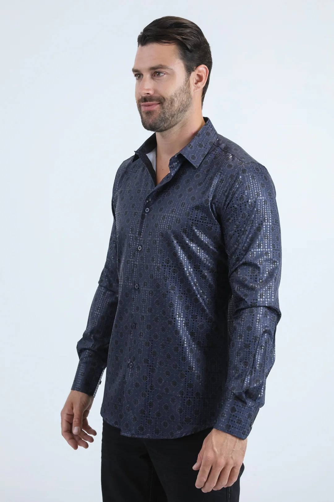 FPL10956 Mens Modern Fit Stretch Foil Fashion Navy Shirt