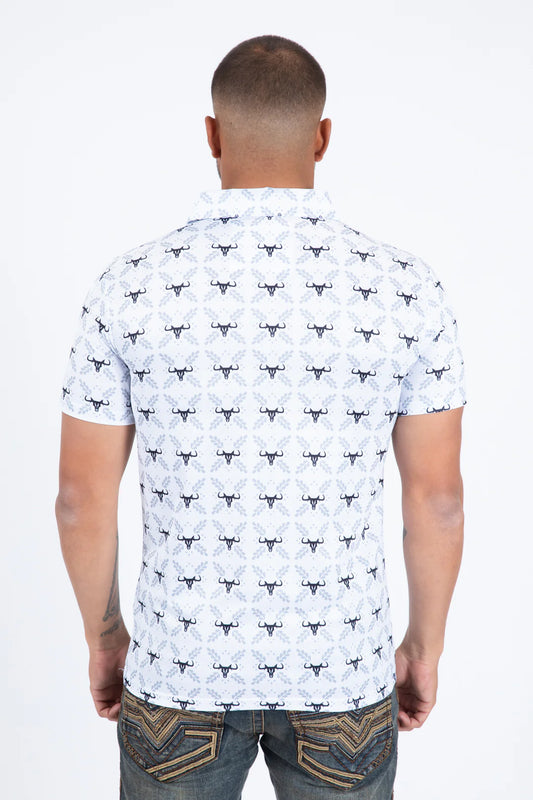 PGP11425 Men's Performance Fabric Modern Fit Stretch Western Longhorn Print Polo – White
