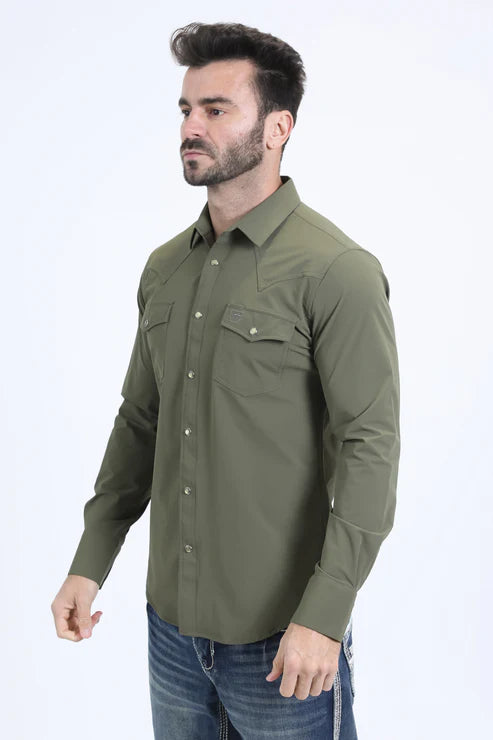 PWL10834 MEN'S PERFORMANCE WESTERN LONG SLEEVE GREEN SHIRT
