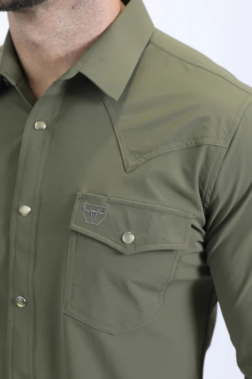 PWL10834 MEN'S PERFORMANCE WESTERN LONG SLEEVE GREEN SHIRT