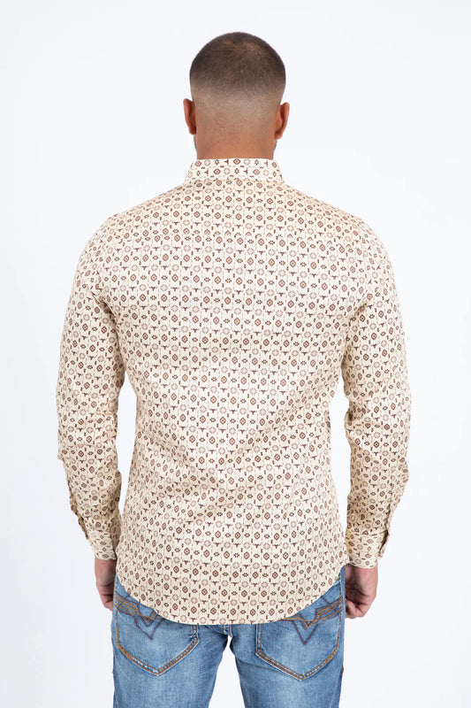 CWL11342 Mens Satin Cotton Modern Fit Beige Long Sleeve Shirt