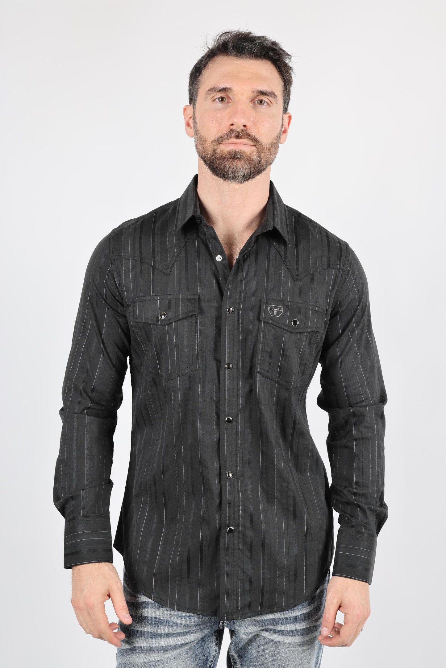 WSL9750 MENS MODERN FIT STRETCH LUREX WESTERN LONG SLEEVE SHIRT BLACK