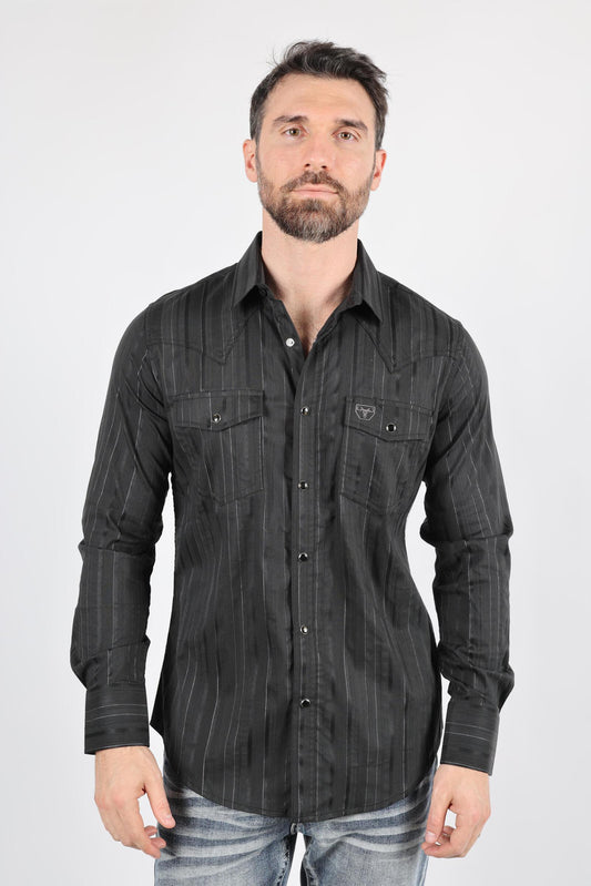 WSL9750 MENS MODERN FIT STRETCH LUREX WESTERN LONG SLEEVE SHIRT BLACK