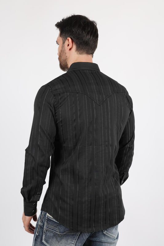 WSL9750 MENS MODERN FIT STRETCH LUREX WESTERN LONG SLEEVE SHIRT BLACK