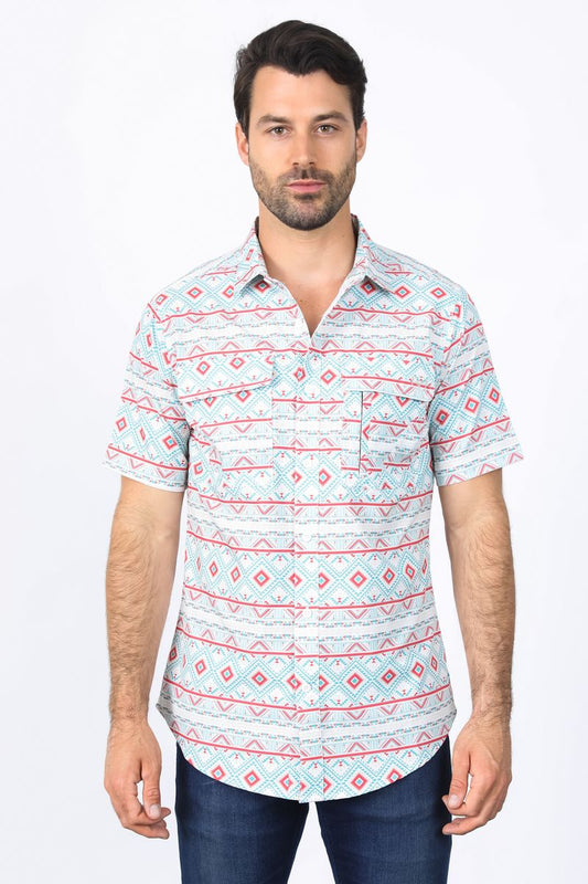 PGS10468 MENS SHIRT PERFORMANCE CLASSIC FIT AZTEC PRINT WHITE