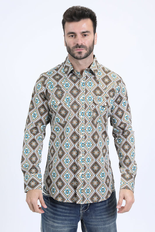 WPL10673 MEN'S LONG-SLEEVED SHIRT WITH A COLORFUL DIAMOND PATTERN DESING