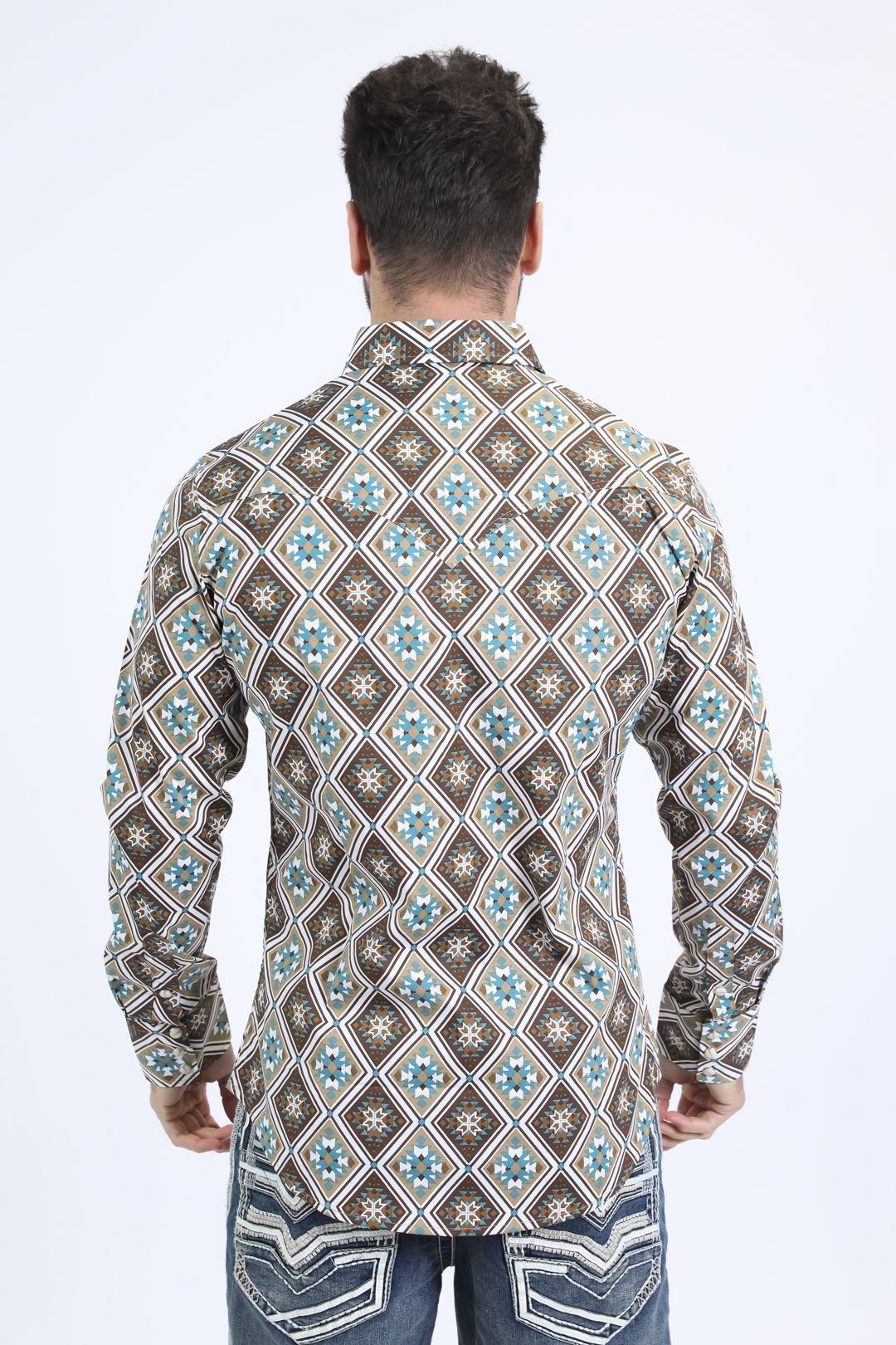 WPL10673 MEN'S LONG-SLEEVED SHIRT WITH A COLORFUL DIAMOND PATTERN DESING