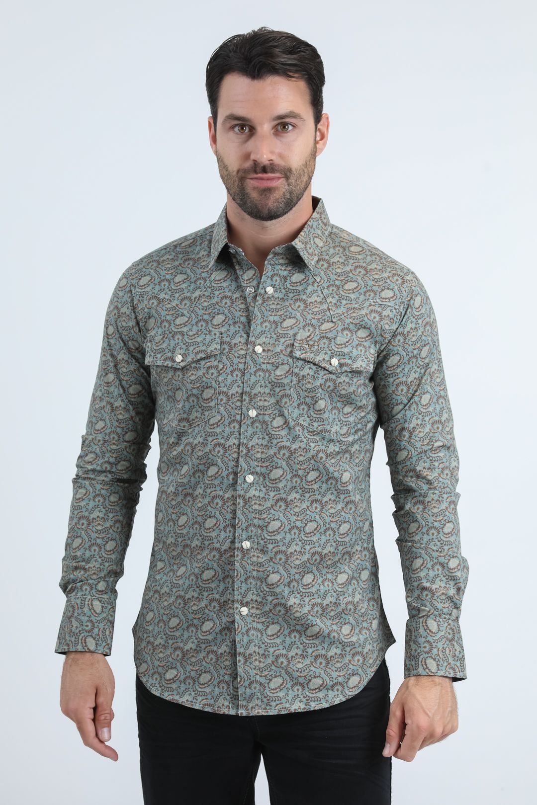 WPL11161 BLUE SHIRT WITH BROWN DESINGS AND LONG SLEEVES