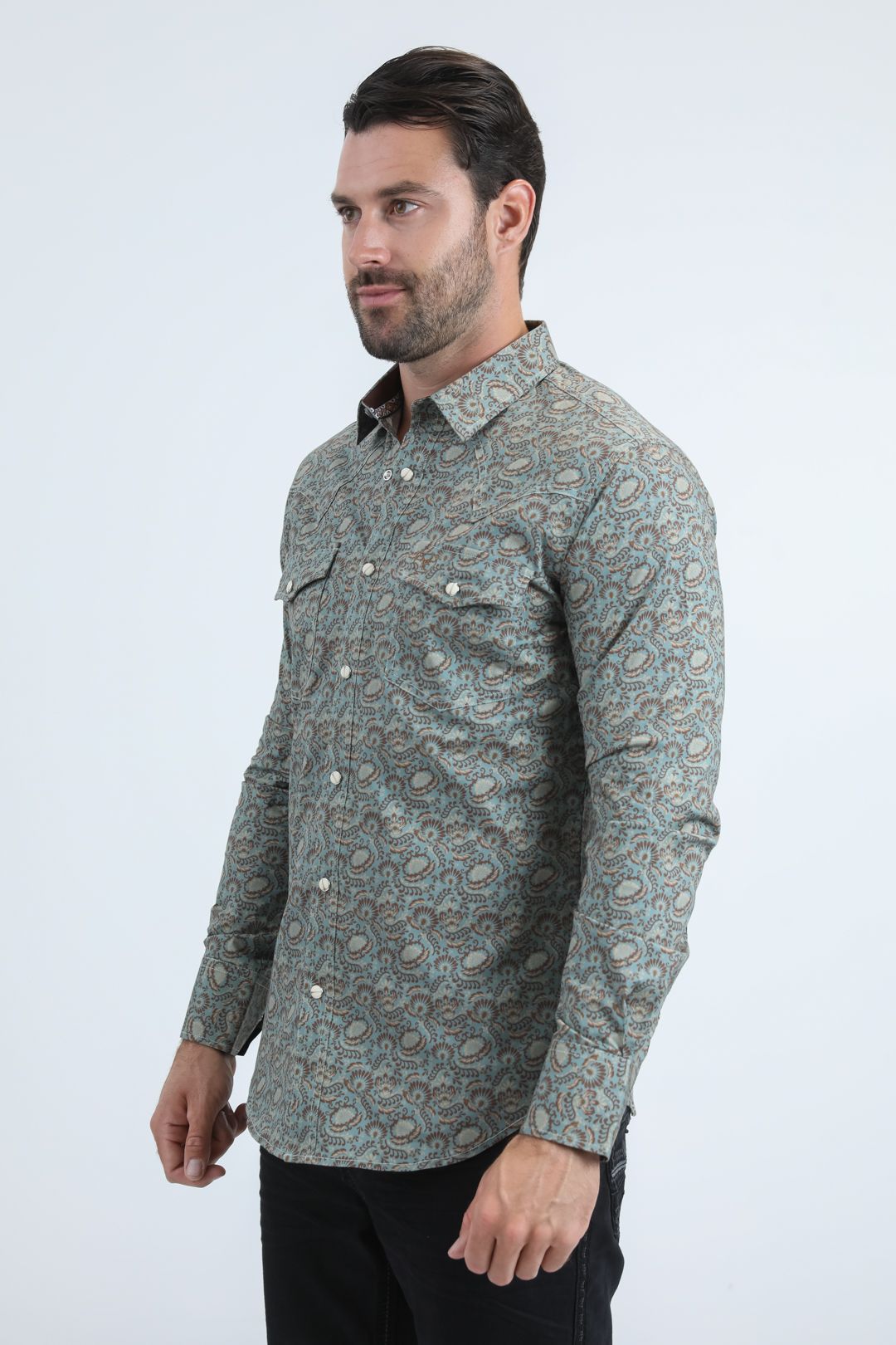 WPL11161 BLUE SHIRT WITH BROWN DESINGS AND LONG SLEEVES