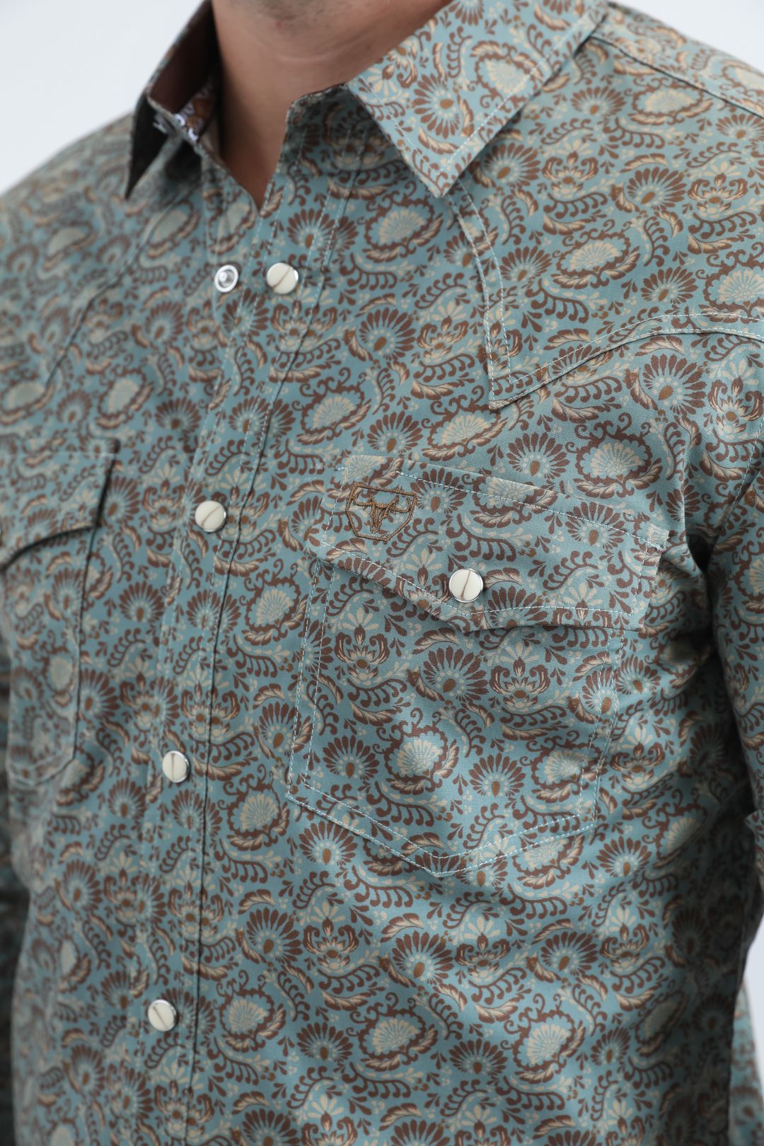 WPL11161 BLUE SHIRT WITH BROWN DESINGS AND LONG SLEEVES